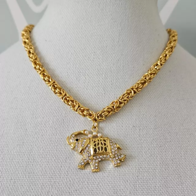 Elephant Necklace Gold Tone Lariat Chain w/ Rhinestone Trunk Up Pendant