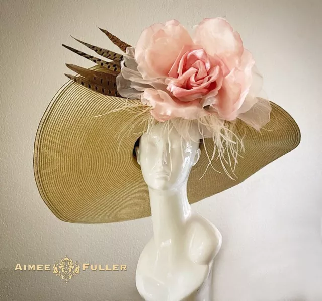 Wide Brim Kentucky Derby Hat Brown Oatmeal Pink Rose Del Mar Royal Ascot Hat