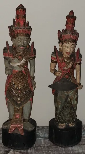 17 century Shiva & Parvati Antique polychrome Bali Indonesia wood statues