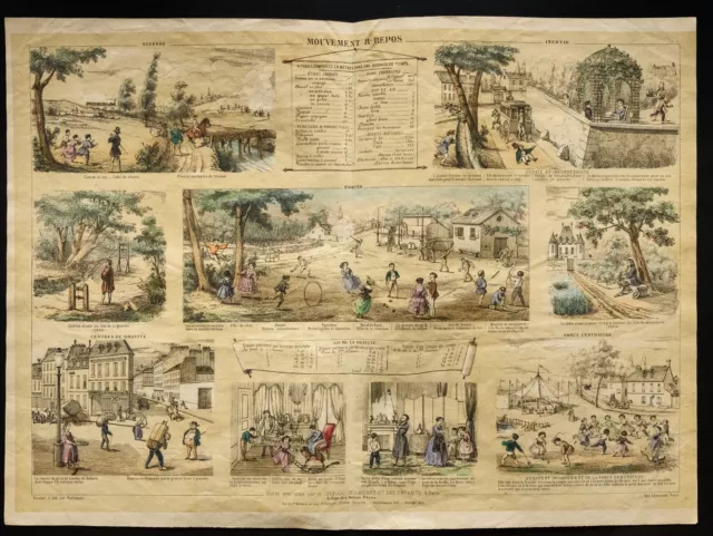 Rare 1853ca - La Physique : Mouvement et repos - Planche encyclopédique, scolair