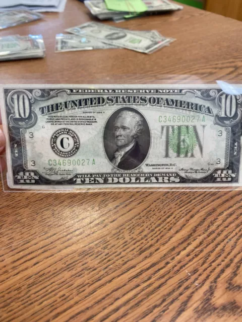 1934 A $10 Dollar Bill Green Seal Federal Reserve Philadelphia Note - Nice!