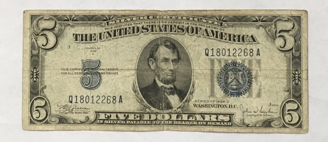 1934 C  Silver Certificate Blue Seal Five Dollar Bill