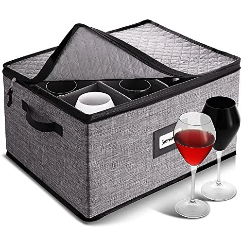 Wine Glass Storage Box with Dividers – Quilted and Stackable Stemware Storage...