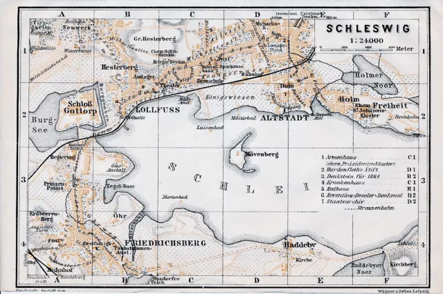 Schleswig 1914 kl. orig Stadtplan + Reisef. (3 S) Friedrichsberg Lollfuß Gottorp