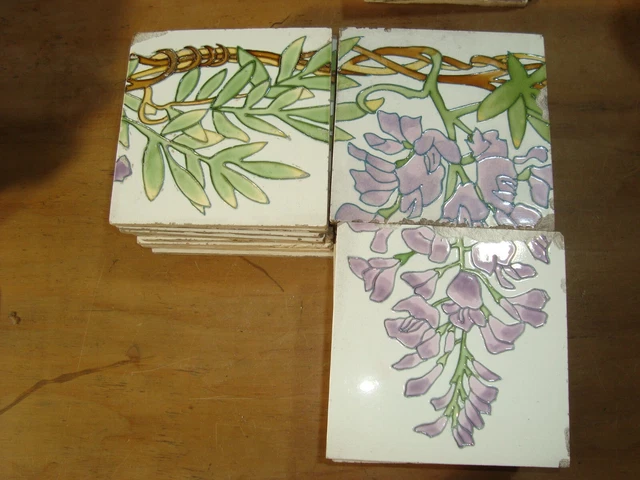 Purple wisteria flowers 36 France Sarreguemines Original antique reclaimed tiles 5