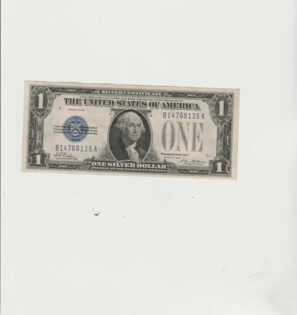 1928 $1 Funny Back Silver Certificate Blue Seal about uncirculated