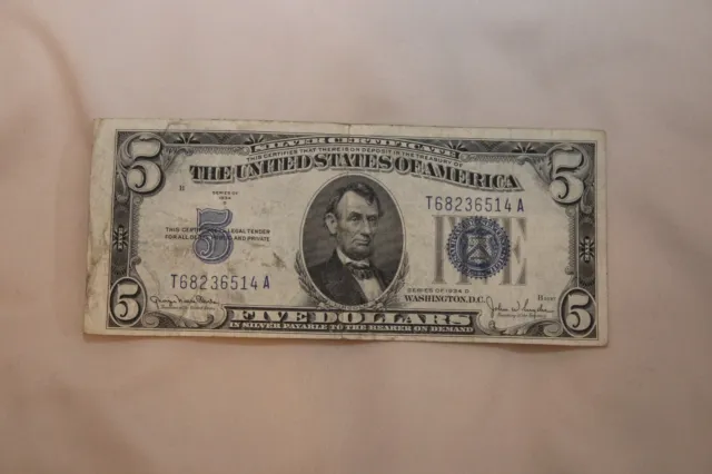 1934 D $5 US Dollar Bill Silver Certificate Blue Seal Note Old Currency