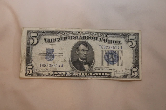 1934 D $5 US Dollar Bill Silver Certificate Blue Seal Note Old Currency