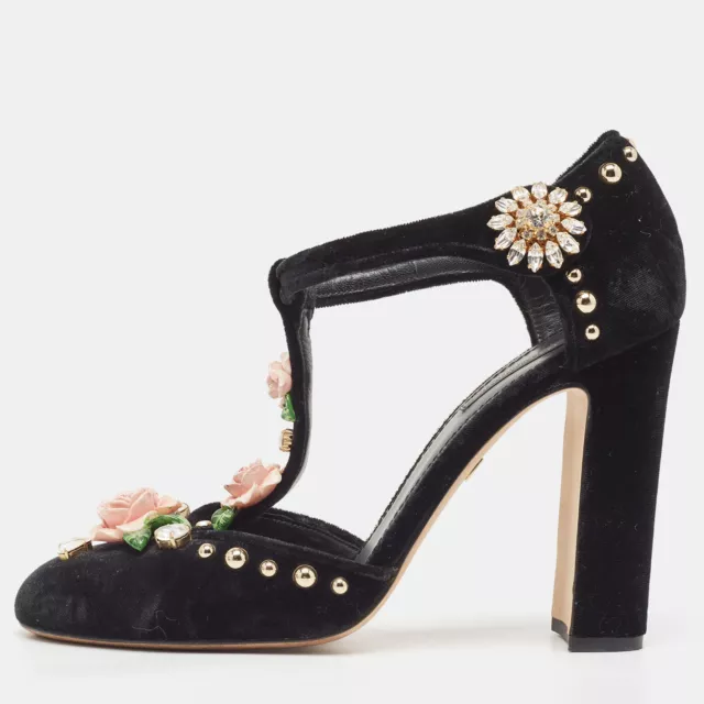 Dolce & Gabbana Black Velvet Studded and Rose Embellished Vally Pumps Size 40