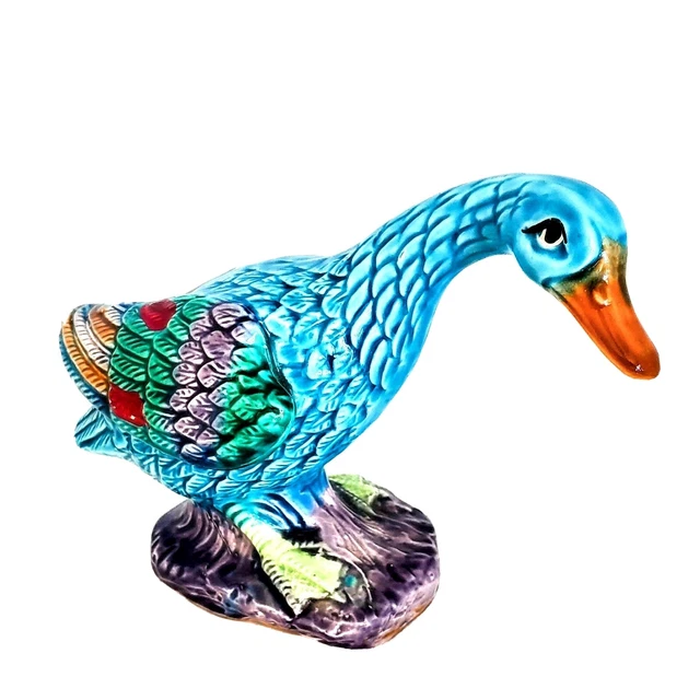 Vintage Tilso Japan Blue Ceramic Duck Purple Base Yellow Feet 8"