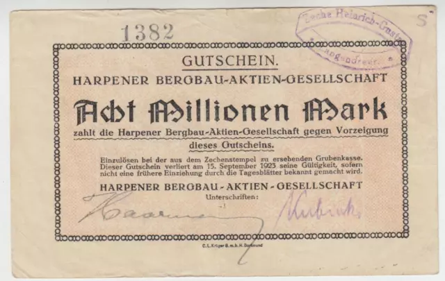 Harpener Bergbau, Grubenkasse Zeche Heinrich Gustav 8  Mio Mark bis 15.9.1923