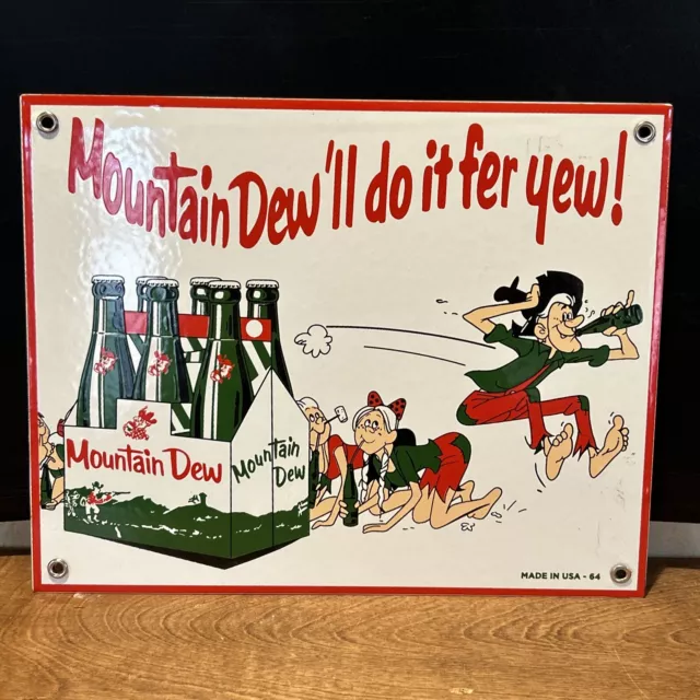 64 Vintage Style ''Mountain Dew'' 12X9.5 Inch Gas, Oil Soda Porcelain Sign