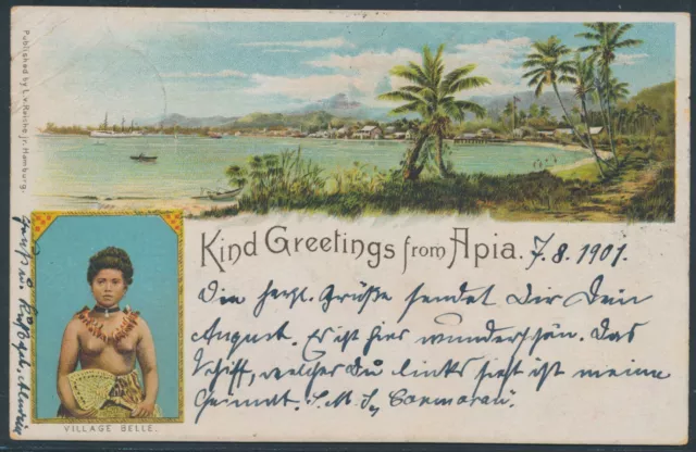 Samoa Yacht EF AK Greetings from Apia 1901 SMS Cormoran Kiel Attest (S20937a)