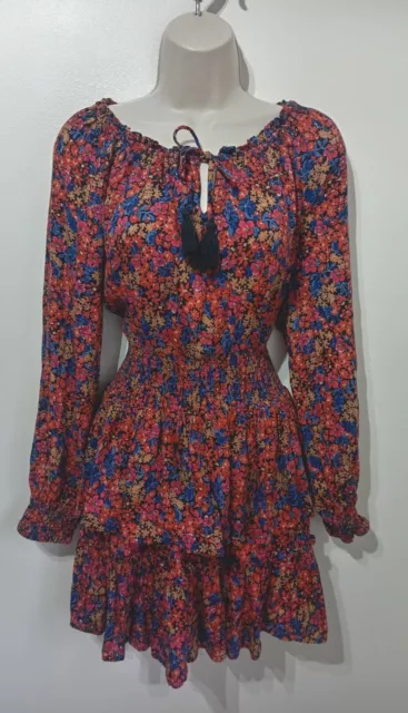 Patrons Of Peace Multi Floral Shirred Long Sleeve Dress L 14 Hippie Boho Gypsy