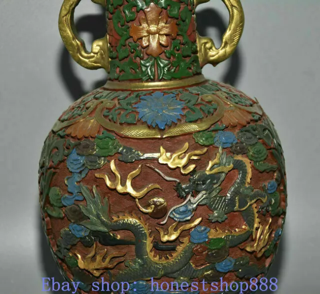 12.2" Old Chinese lacquerware Painting Dynasty Palace Dragon Flower Bottle Vase 3