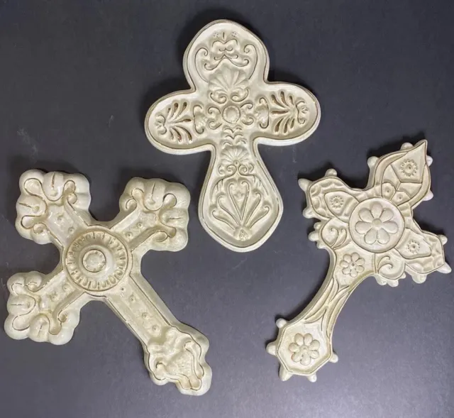 3 pc Ceramic Crosses Religious Wall Hanging APF Inc Decor White Ivory Gold Trim