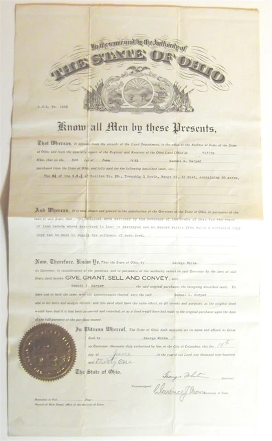 Ohio Gov. 1931-35, Congressman, gold miner, George White; 1931 signed document