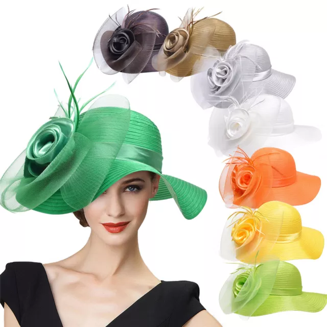 Womens Satin Crin Feather Veil Flower Royal Ascot Race Party Dress Hat A433