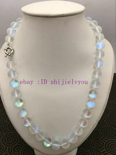 Natural 6/8/10/12mm white Gleamy Rainbow Moonstone Round Gems Necklace 18''