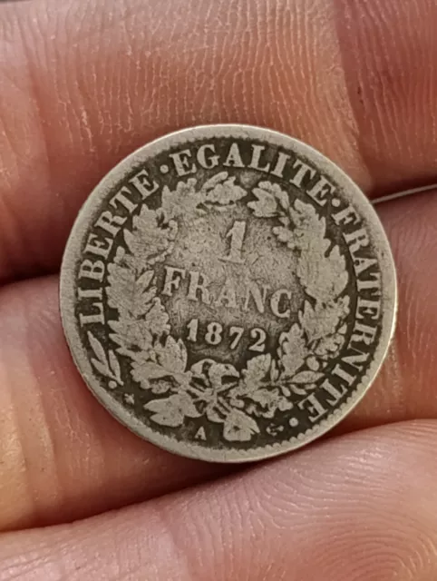 Monnaie Argent Massif 1 Franc Cérès 1872 A - 23 mm - 4,8 g