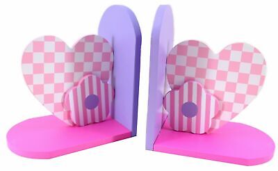 THINK PINK Girl's Wooden BOOKEND SET Novelty Book Stand PINK PURPLE Heart Flower