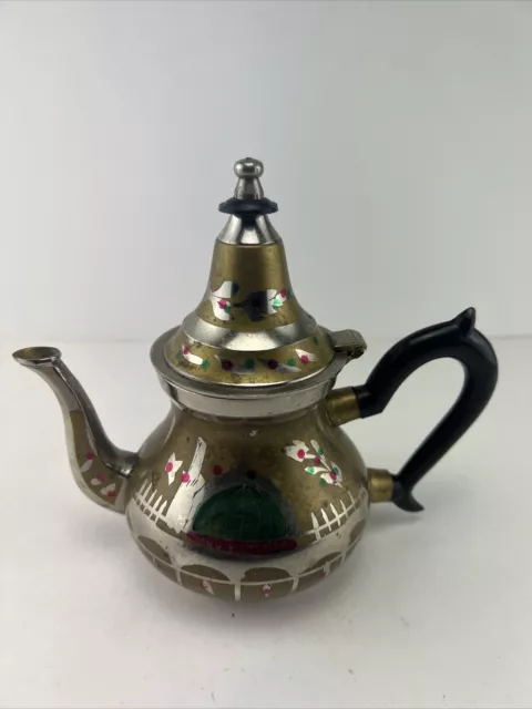 Vintage Ornate Small Middle Eastern Brass & Silver Tea Pot 2