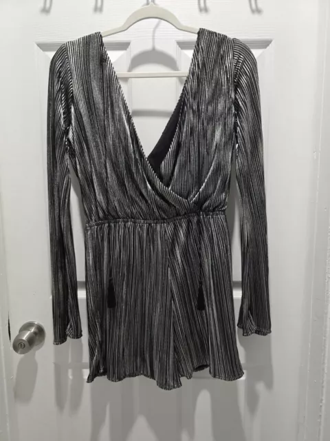 Romper Jumpsuit Womens Large Open Back Metallic Silver