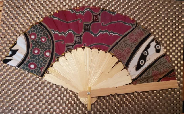 FAN, Balinese ORGANIC, HANDMADE, Fabric, Bamboo, Multi, MAROON multi, 9.5" x 16"