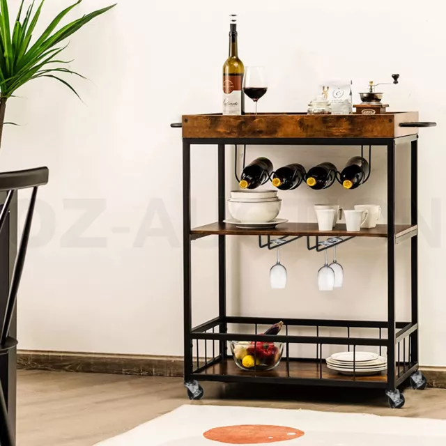 Rolling Bar Cart Mobile Drinks Coffee Tea Serving Trolley Wine Rack Metal Holder