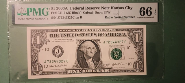 2003A $1 FRN J-Kansas City Note,FR 1931-J,PMG 66 EPQ Gem UNC, RADAR S/N 72344327