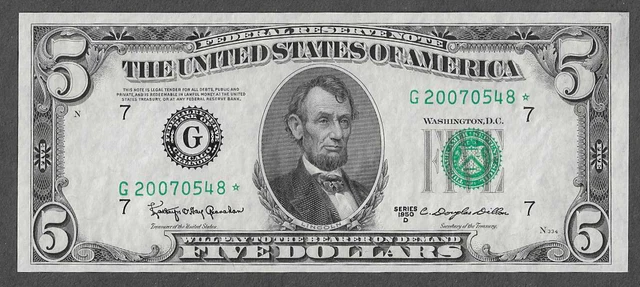 FR 1965-G* STAR UNC Chicago $5 Series of 1950D Green Seal Federal Reserve Note