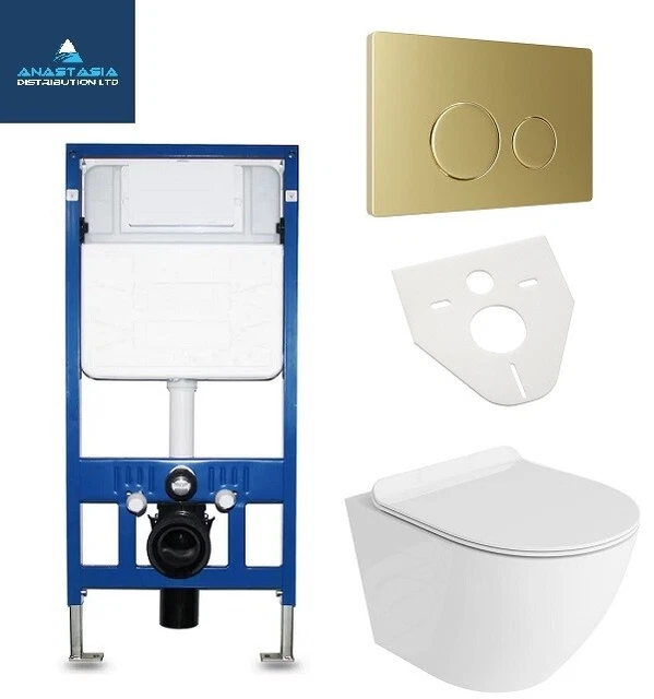 RIMLESS WALL HUNG toilet pan wc frame concealed cistern brushed brass