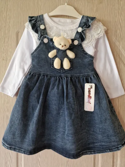Baby Girls Dress Denim Ruffle Dungaree Set with Teddy Bear Occasion 12 Months