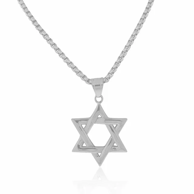 Stainless Steel Silver-Tone Large Jewish Star of David Mens Pendant Necklace