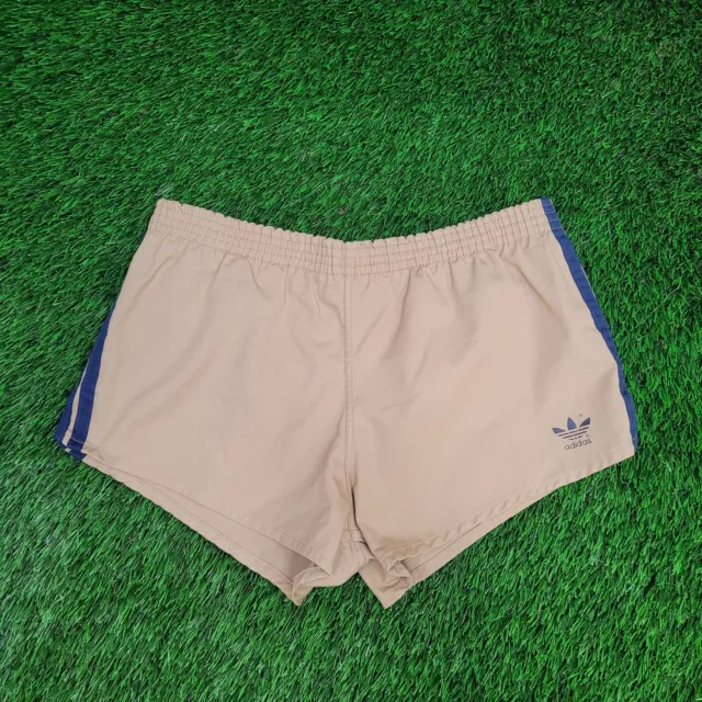 Vintage 80s ADIDAS Running Shorts Medium Beige Blue Trim Striped Lined USA Made