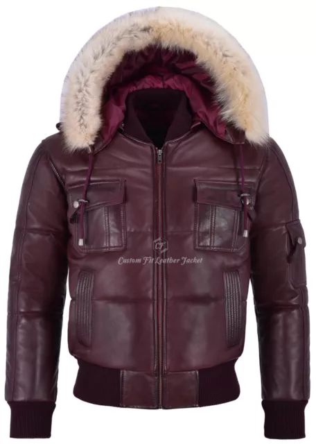 Men's Puffers Hooded Bomber Jacket Cherry Real Lambskin Leather Pilot 6 Puffer