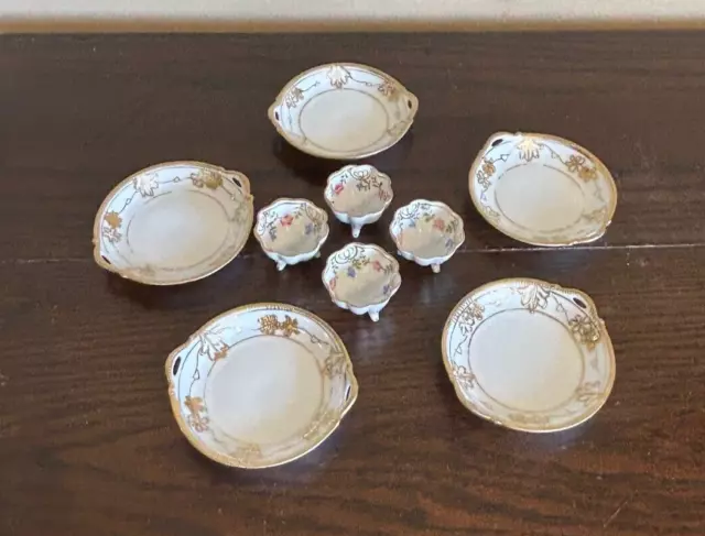 Antique Hand Painted Nippon (5) Butter Pats and (4) Footed Salts