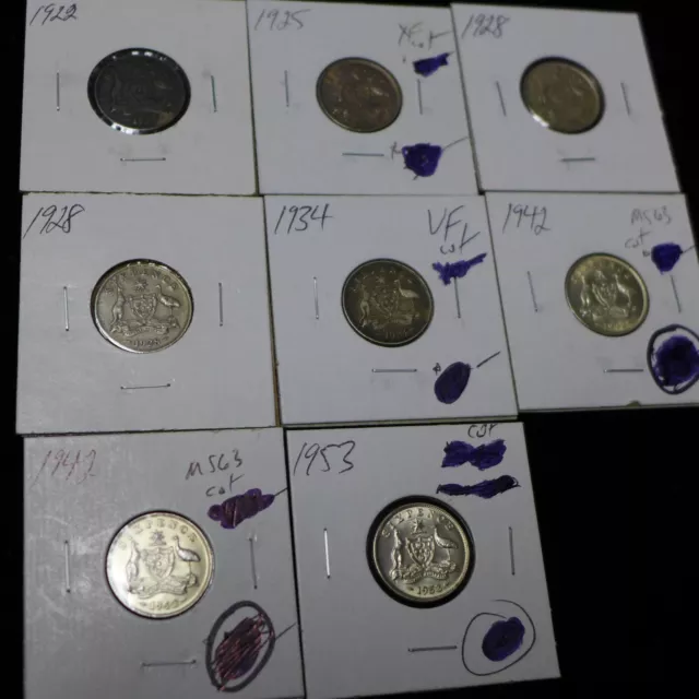 Australia : Lot of (8) Silver Six Pence 1922, 1925, 2X1928, 1934, 2X1942, 1953