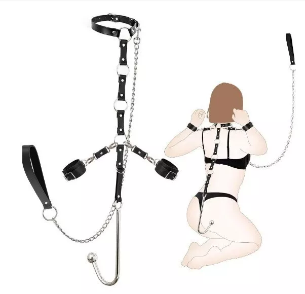 Erotic Bondage Kit Neck Collar, Anal Hook 30mm Ball, Cuffs And Pull Chain BDSM