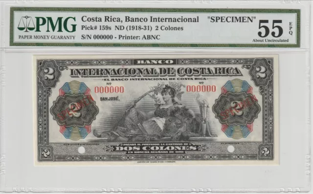 Costa Rica 2 Colones Specimen Banknote 1918-31 About Unc-Grade 55-PMG Pick#159-S