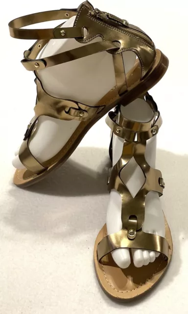 GUESS Gold Gladiator Back Zip Metal Rivets Strappy Sandal Shoe Women’s Size 9.5M