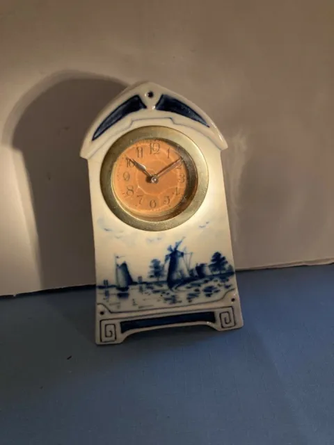 antique delft clock dutch, small, windmill on front, sailboats , clock works