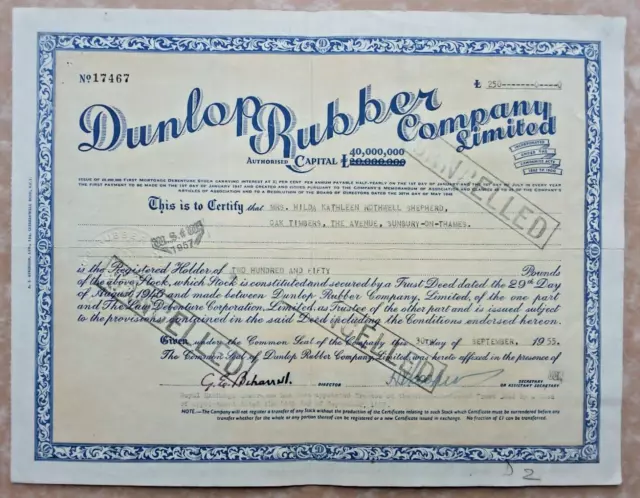 share certificate - 1955 Dunlop Rubber Co Ltd  no. 17467