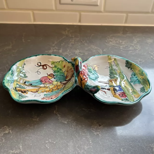 Majolica Pottery Bon Bon Double Bowl Serving Dish Pottery Italy Grapes Land VTG