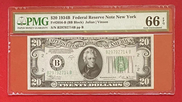 $20 1934B Federal Reserve Note New York Fr#2056-B  PMG 66 EPQ (Gem Unc )