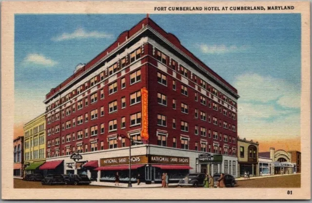 Cumberland, Maryland Postcard FORT CUMBERLAND HOTEL Street Scene Linen c1940s