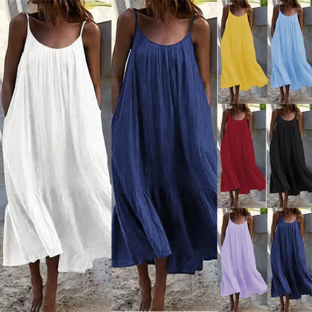 PLUS SIZE Ladies Strappy Maxi Dress Summer Beach Loose Baggy Kaftan Dresses