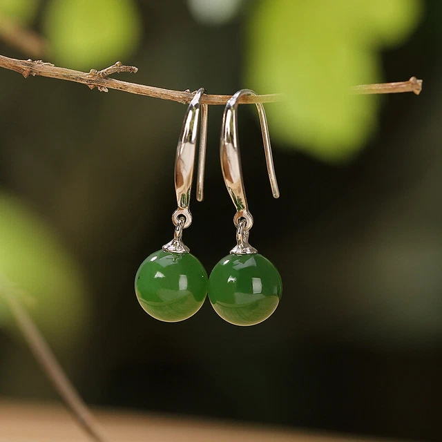 Natural Grade A Green Jade 8mm Bead With 925 Sterling Silver Dangle Earrings