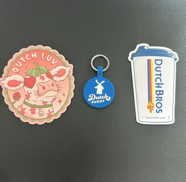 DUTCH BROS FEBRUARY 2024 Pet Tag Key Chain Dutch Buddy + 2 Stickers 30
