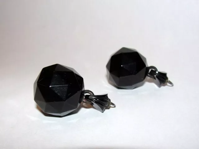 Victorian Gutta Percha Steel Pyramid Dangle Ball Drop Earrings 3